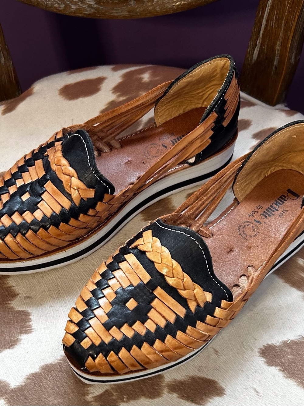 Woven Leather Slip-On Huarache Loafers in Tan & Black